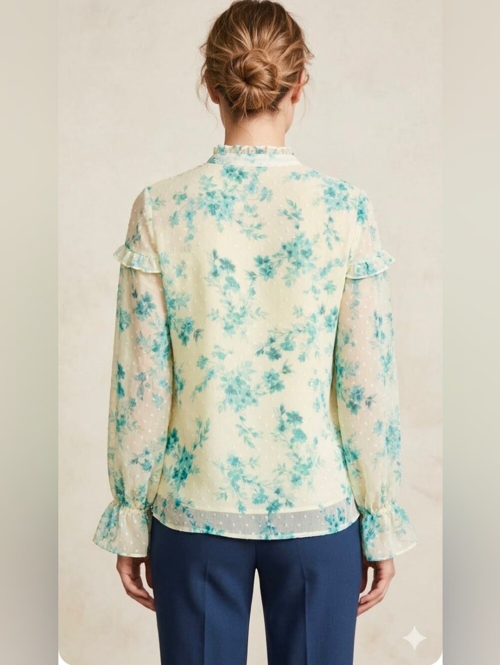 NWT CeCe L Swiss Dot Floral Ruffle Yellow Teal Blouse Shirt Romantic Lined Lslv - Picture 3 of 11